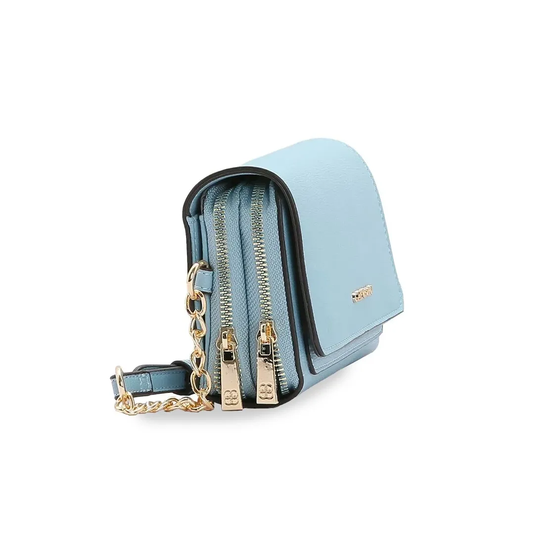 Bolsa feminina Chenson azul transversal vista lateral com detalhes dourados